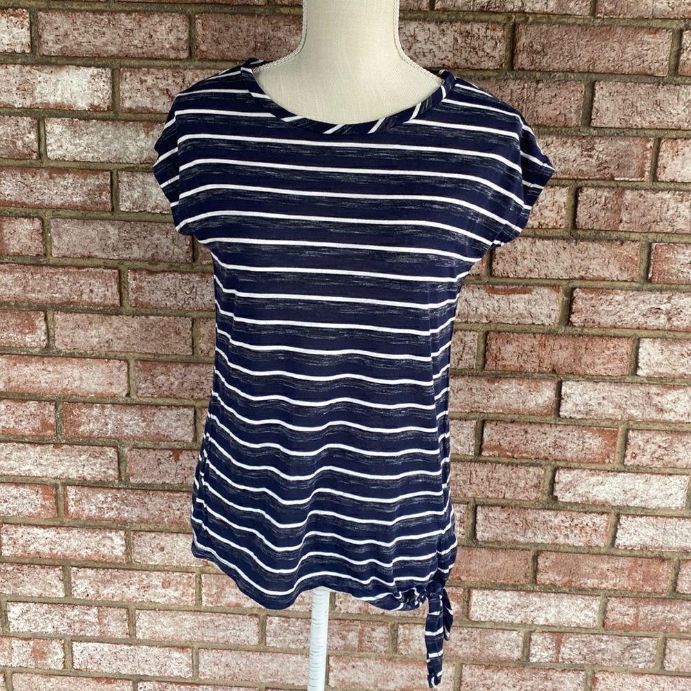 Jane & Delancey Navy Blue White Stripe Cap Sleeve Side Tie Tee Top - Size S